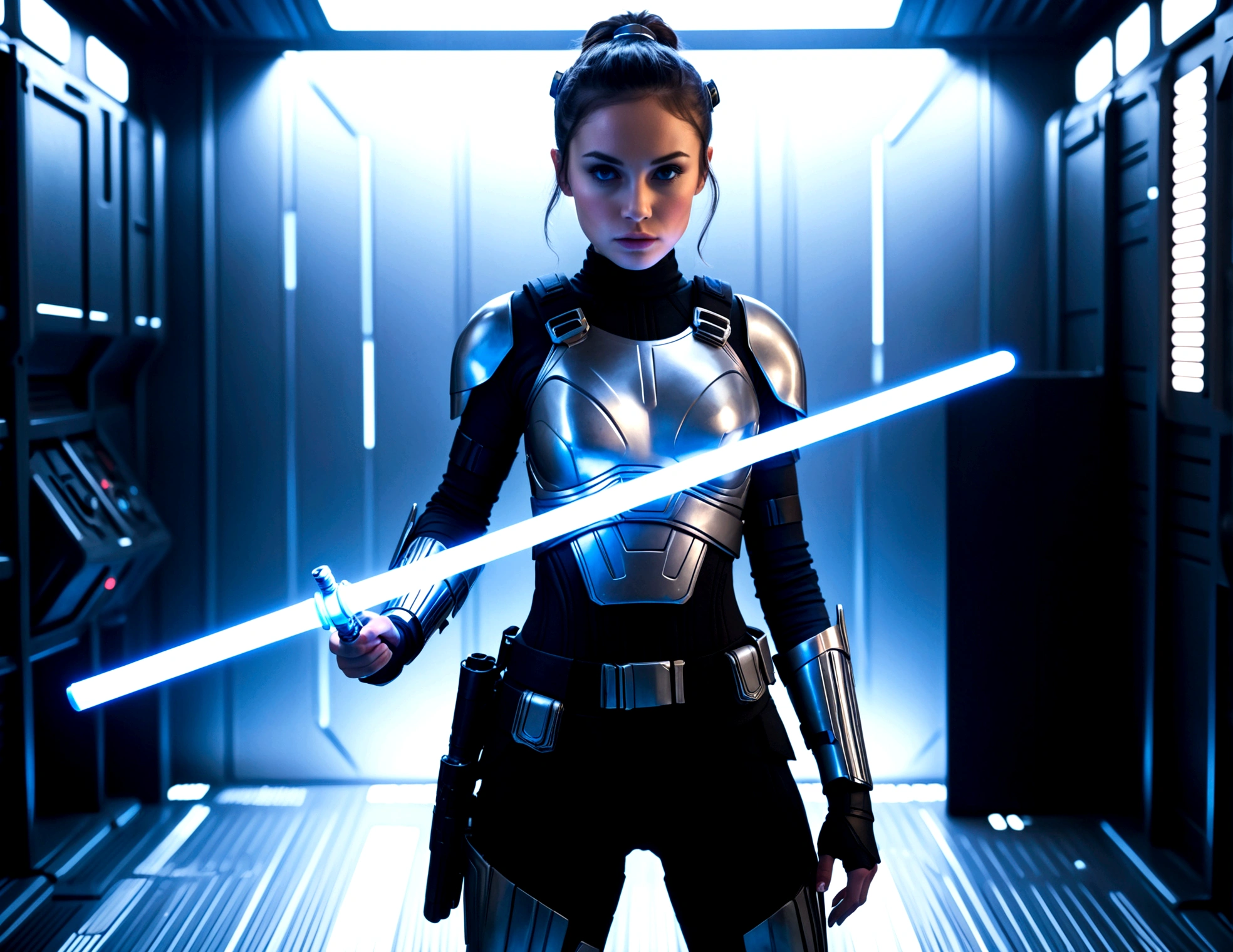 A cute woman (sci fi outfit, tight fitting body armor, wielding a blue light saber) behind her is a rack with various weapons and costume pieces