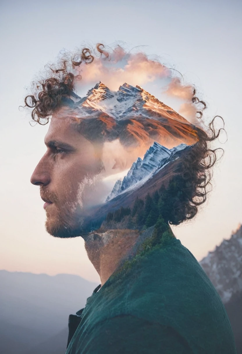 Double Exposure style of a profile picture of a man with curly hair blended with a mountain