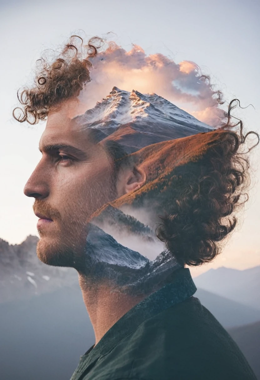 Double Exposure style of a profile picture of a man with curly hair blended with a mountain