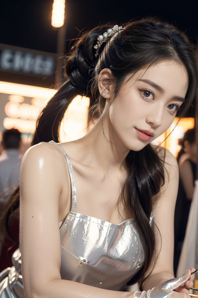 (((best quality))),(((ultra detailed))),(((masterpiece))),illustration,((1 beautiful girl,solo)),((slim,thin)),((small breasts,flat chest)),summer night,metropolis,barbecue joint,humble,vibrant energy,city that never sleeps,(short ponytail:1.2),(((female orgasmic,blush))),(sweat:1.3),(shiny skin:1.5),(sheer apron:1.3),((bare shoulders,bare arms)),(gloves:1.3),(slender legs:1.2),lightweight,practicality,style,sizzling hot grill,smooth,tanned skin,soft glow,skillfully,skewers,meat,intense concentration,bright eyes,alert,passion for work,atmosphere,vibrant,dynamic,laughter,conversation,sizzle,crackle,aromatic scent,tinged,radiant smile,genuine enjoyment,easy manner,warm presence,community,dedication,beauty in simplicity,midst of bustling city streets,outdoor,midnight,((from front,upper body)),(surrounded by crowded crowds:1.3)