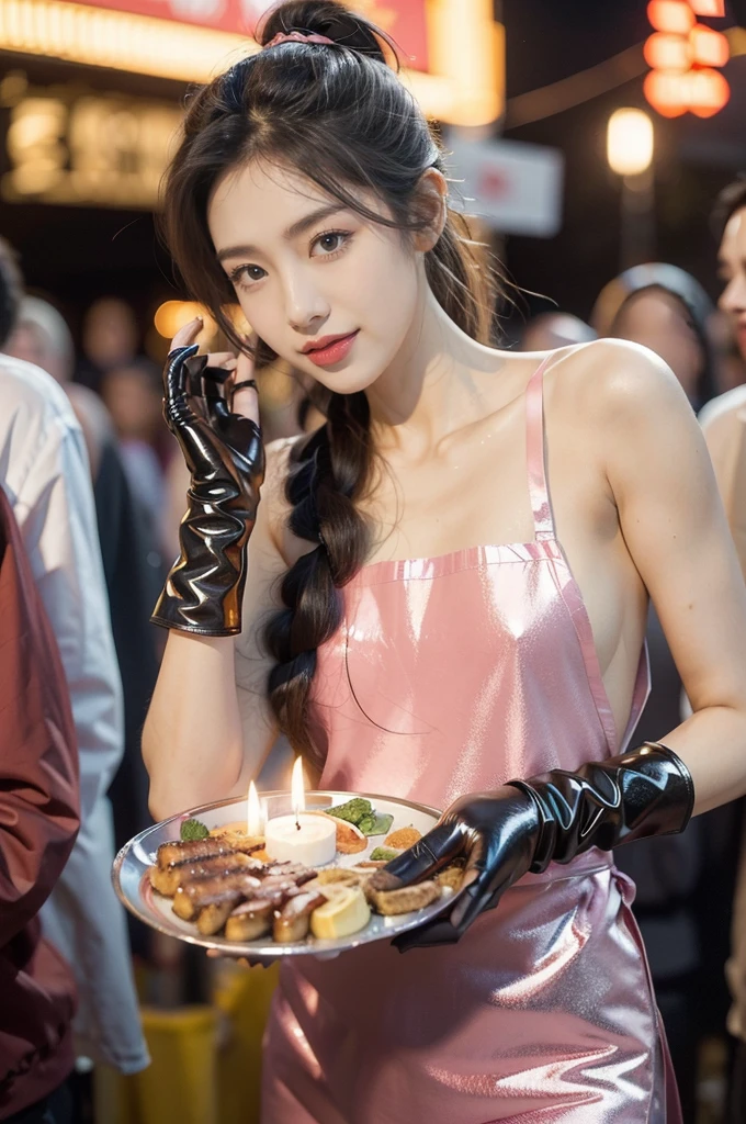 (((best quality))),(((ultra detailed))),(((masterpiece))),illustration,((1 beautiful girl,solo)),((slim,thin)),((small ,flat chest)),summer night,metropolis,barbecue joint,humble,t energy,city that never sleeps,(short ponytail:1.2),(((female orgasmic,bluseat:1.3),(shiny skin:1.5),(sheer apron:1.3),((bare shoulders,bare arms)),(gloves:1.3),(slender legs:1.2),lightweight,practicality,style,sizzling hot grill,smooth,tanned skin,soft glow,skillfully,skewers,meat,intense concentration,bright eyes,alert,passion for work,atmosphere,vibrant,dynamic,laughter,conversation,sizzle,crackle,aromatic scent,tinged,radiant smile,genuine enjoyment,easy manner,warm presence,community,dedication,beauty in simplicity,midst of bustling city streets,outdoor,midnight,((from front,upper body)),(surrounded by crowded crowds:1.3)