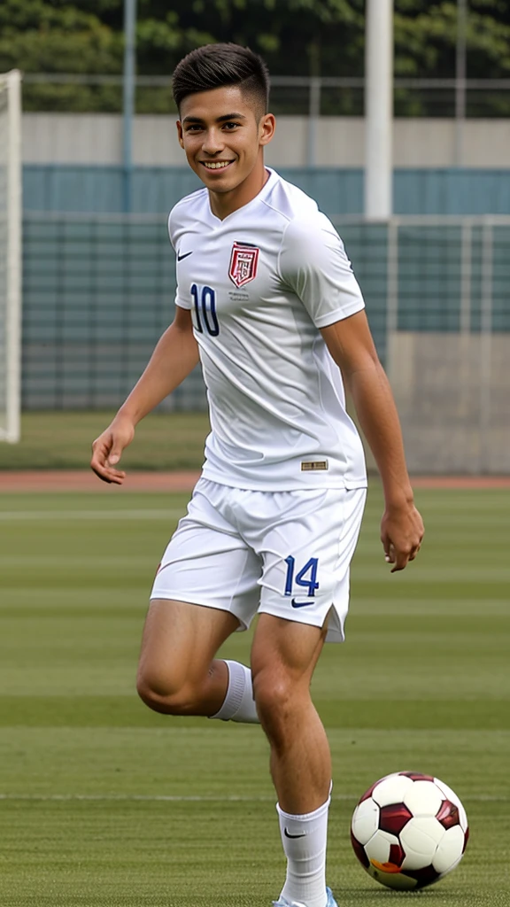 boy, 25 years, Peruvian nationality, with a slight smile on his face, full length, In move, kicks a soccer ball with one foot, scores a goal, wearing a white T-shirt and white shorts, Great quality, athletic build, high detail, semi profile angle