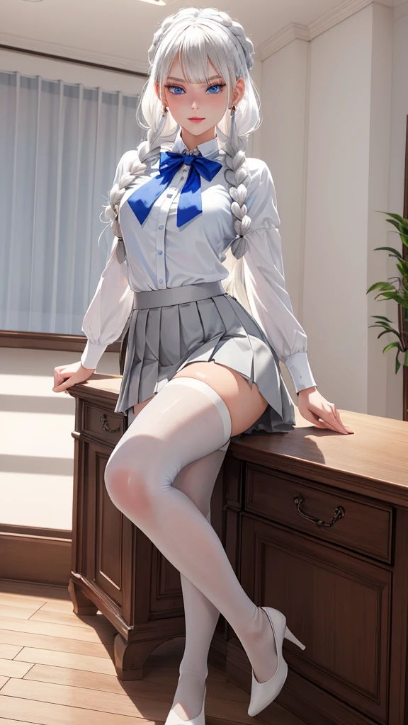 "1girl, incredibly detailed 8k cg, flawless model, mesmerizing idol, stunning face, ethereal beauty, pristine white hair, ring braids, captivating blue eyes,  Kakegurui ,  redblazer, white shirt, pleated grey skirt,  brown pantyhose, sat on desk  , full body, 