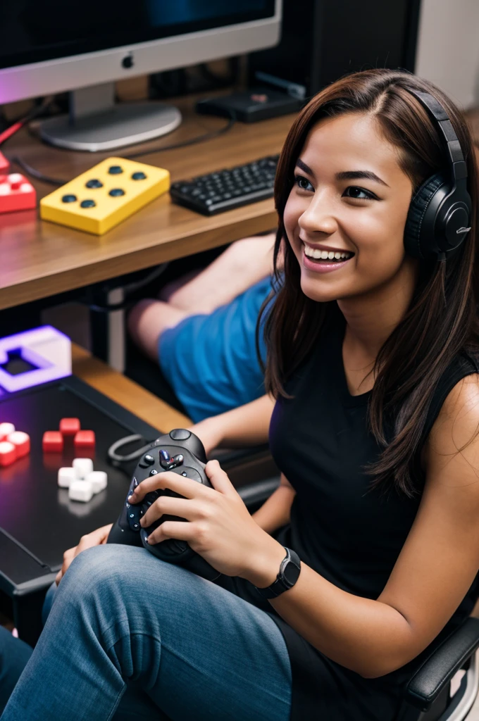 professional photograph of a gamer happy playing with friends