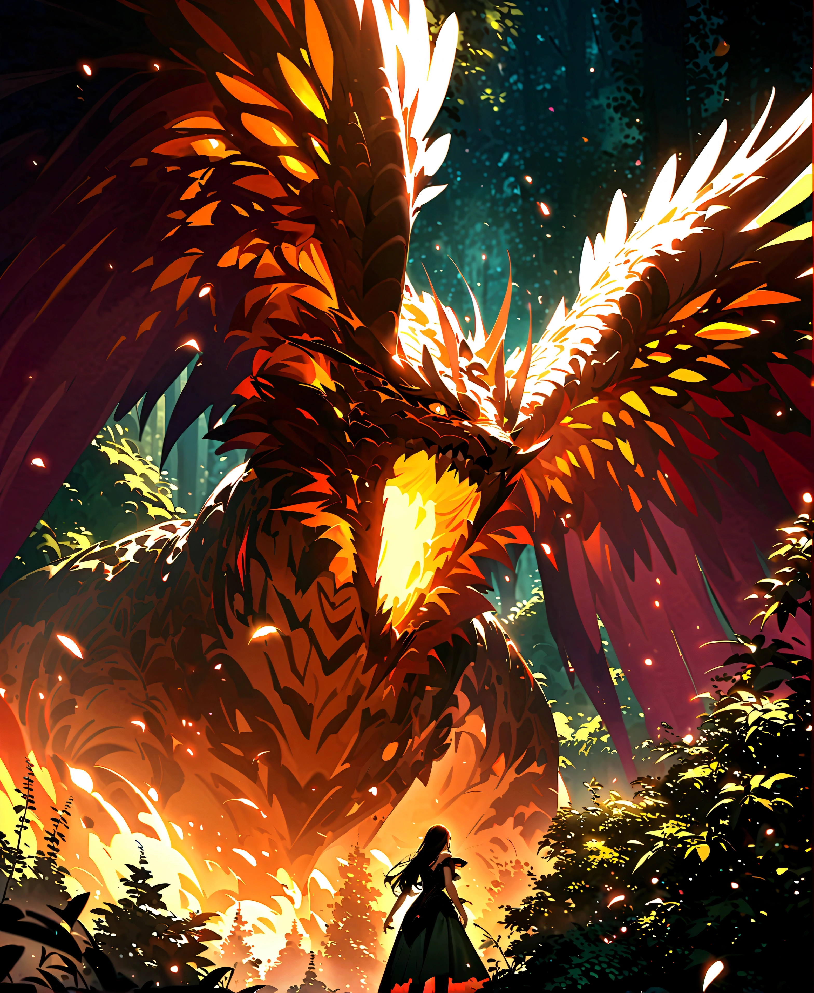 chiaroscuro、Eyes shining in detail、A giant winged creature in an enchanted forest glade [dragon:tiger:28]、night、dappled light、Poster Art、Super detailed