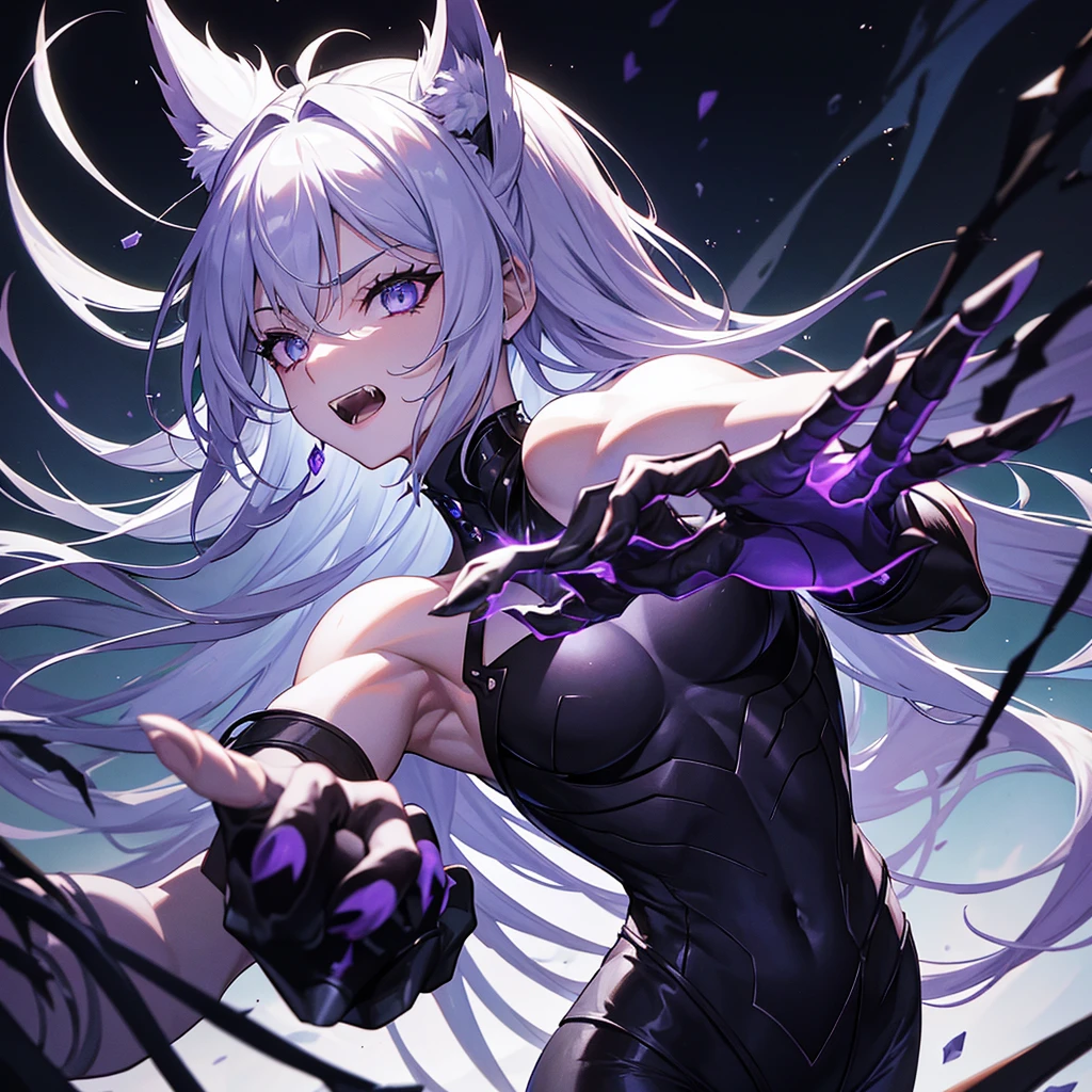 combat position, slightly crouched, with tense muscles and closed eyes, about to release energy.
Hair:
- Color: silver white.
- Length: long, up to the middle of the back.
- Motion: disheveled, disturbed by a current of air.
Eyes:
- Color: bright purple, with a slight supernatural glow.
- Expression: Intense, decided, reflected ferocity.
Facial features:
- Expression: Pain and determination, slight mind-altering smile.
- Teeth: Sharp and prominent fangs.
body:
- Musculature: toned, showing strength and agility.
- Claws: long, sharp, capable of cutting down mature trees. Emanates a faint dark glow.
- Alas: Extended, sharp como cuchillas, sinister and metallic looking.
outfit:
- Description: Torn combat clothing, revealing parts of his skin. Dark clothes, with metal details.
context:
- Around: dark cave, rough rock walls, hanging stalactites. Rock fragments and dust in the air.
- Lightning: Luz outfit, with purple sparkles from Alice's eyes and claws.
Additional details:
- Effects: Dark energy particles around his body, supernatural fog.
- Motion: Dynamic, Alice in motion, about to launch.
Emotion:
- Mental state: Uncontrollable rage and determination reflected in posture and expression.