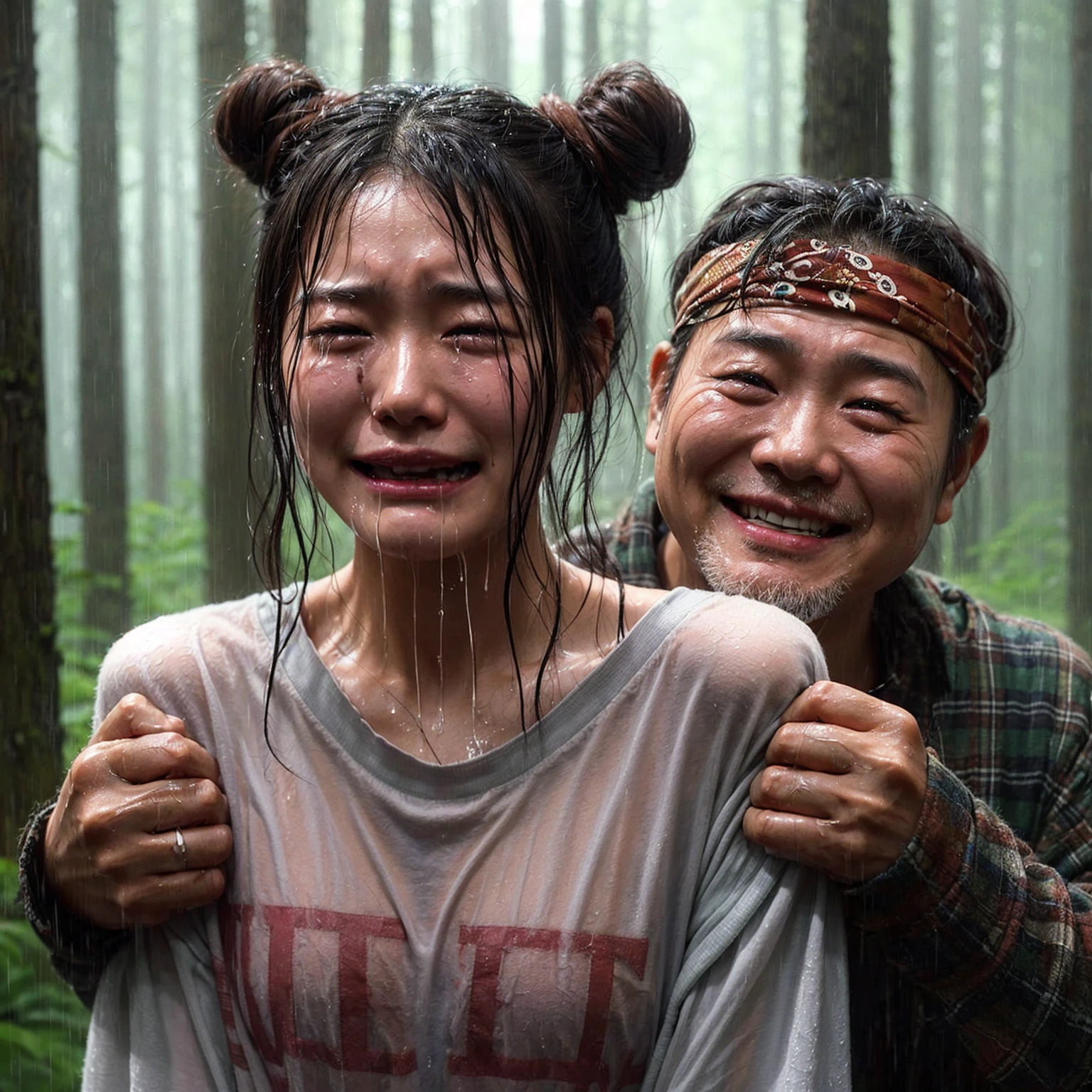 "A beautiful 17-year-old Korean woman, crying, caught in the rain with wet clothes, wearing a t-shirt with her hair in two messy space buns with brown bandana, being grabbed from behind by a 40-year-old Indonesian man with a creepy smile. The background shows a forest scene with tall trees, realistic."