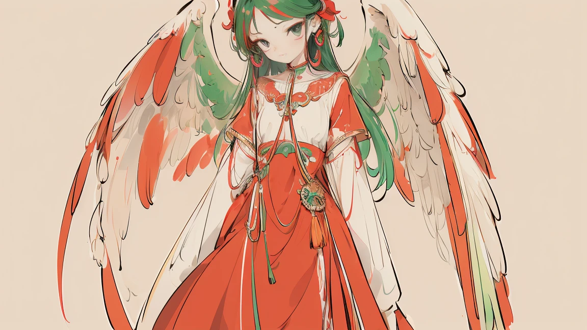 (Designed by nty:1.4),Upper body portrait of a girl, Red and green colorful, rich and colorful, Yoshitaka Amano character design,Solitary,Angelic, symmetrical beautiful, Angel Wings, Gorgeous long dress, stand up, (((Solitary))), Color Matching，Clear facial features, Clean lines design, Magic Elements, Future Technology, ((tarot card background)), Standing figure, ((Flat Color)), (masterpiece，Top quality，best quality，Ultra-high resolution), ((Exquisite facial features，Clear facial features，beautiful eyes，Pretty Face)) ,(32K Wallpaper),