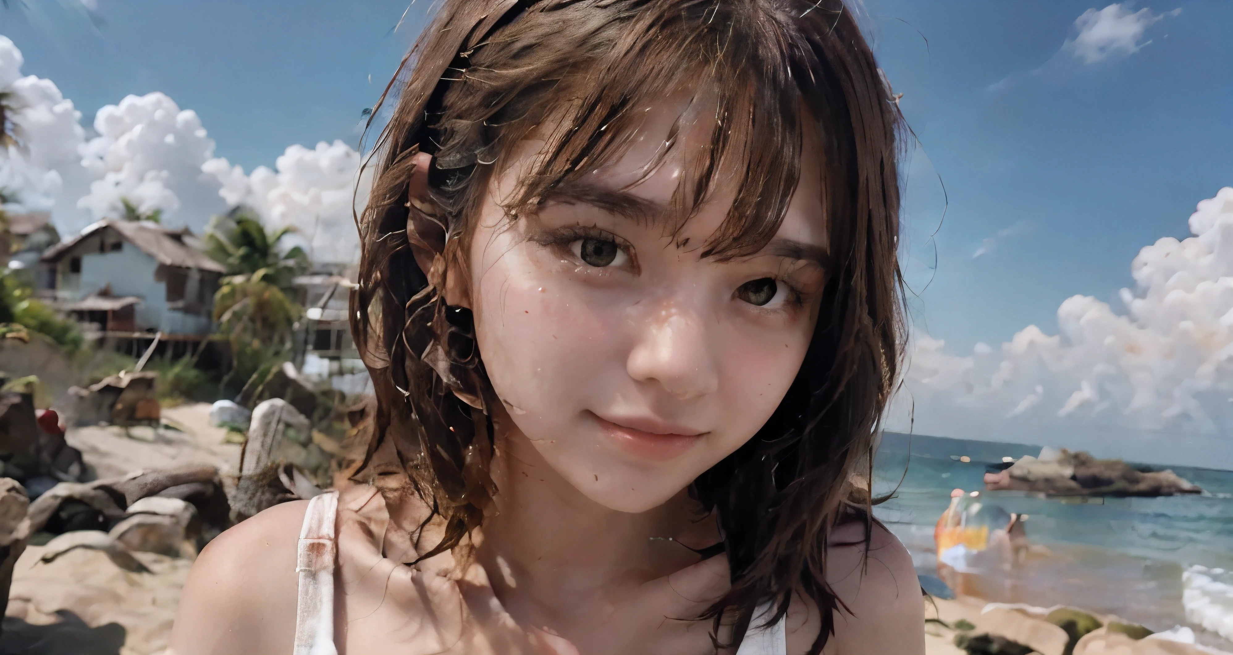 a girl standing near beach looking somthing.she has brown hairs,