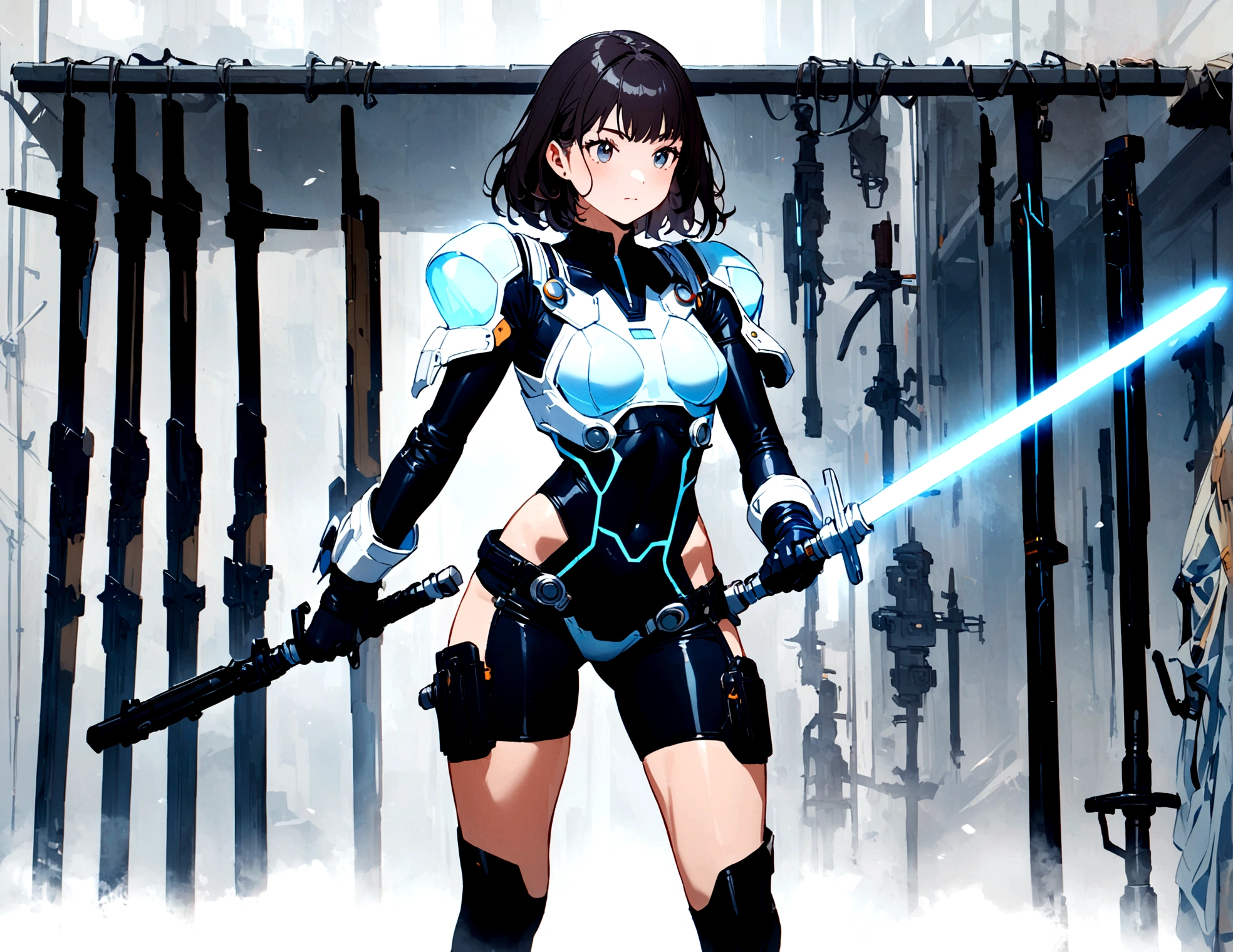 A cute woman (sci fi outfit, tight fitting body armor, wielding a blue light saber) behind her is a rack with various weapons and costume pieces