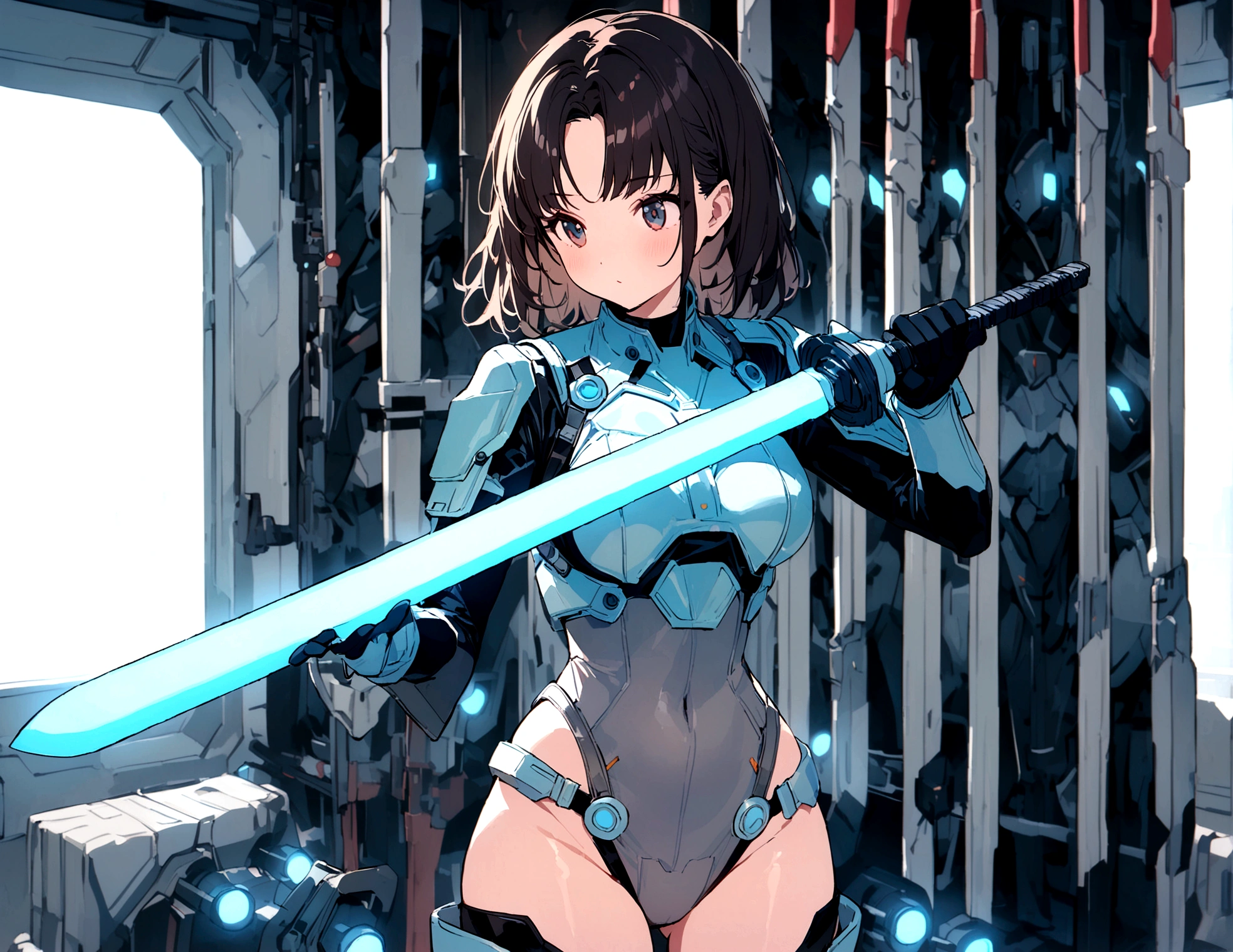 ultra-detailed, Explicit, Beautiful body, Beautiful Nose, Beautiful character design, perfect eyes, perfect face, ultra highres, 4K, beautiful legs, perfect legs, Nice hands, Perfect hand, Masterpiece, Best Quality, Highly detailed, illustration, absurdres, perfect ???????, street fighter, doll suit, shadaloo doll, dollsuit, expressionless, blank eyes, looking at viewer, red gloves, emotionless, black latex, corruption, mind control, female combatant, full body, hypnotized, unhappy trance, full body suit, ribbed bodysuit, both arms at side, obey, perfect female body, extremely glossy latex, hypnosis, hypnoLora, empty eyes, Mind control device, poses, submissive_pose, Slave, standing straight, standing, standing at attention, hat, necktie, belt, latex, ribbed bodysuit, thigh Highs, garter belt, Fighting Stance, extending the right arm from the shoulder into the air with a straightened hand, military, thigh boots, black pantyhose, (((pixel-perfect, detail-perfect))), solo, 1girl, hair ornaments, short hair, brown hair, short brown hair, blue eye, Kozue Hiiragi, Heaven Burns Red, medium breast, eyepatch, holding scythe, scythe