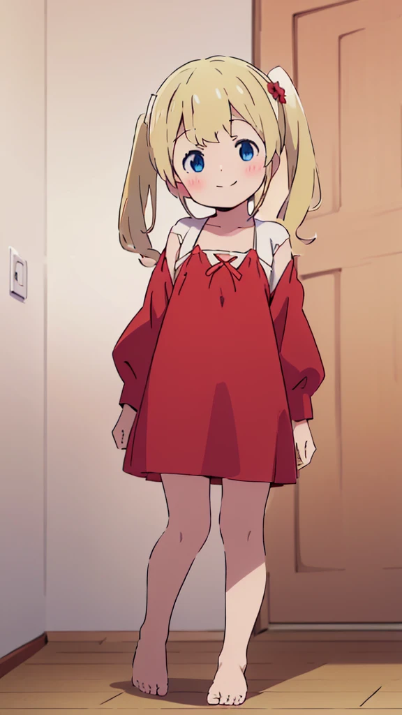 ((masterpiece))((Highest quality))girl、smile、blush、Flat Chest、Are thin、、low length、Blonde、Long twin tails、Embarrassed、Are standing、Red Dress、Whole body image、Even your toes are visible、Eye level on face、front、No background、mayonnaise、真frontのアングル