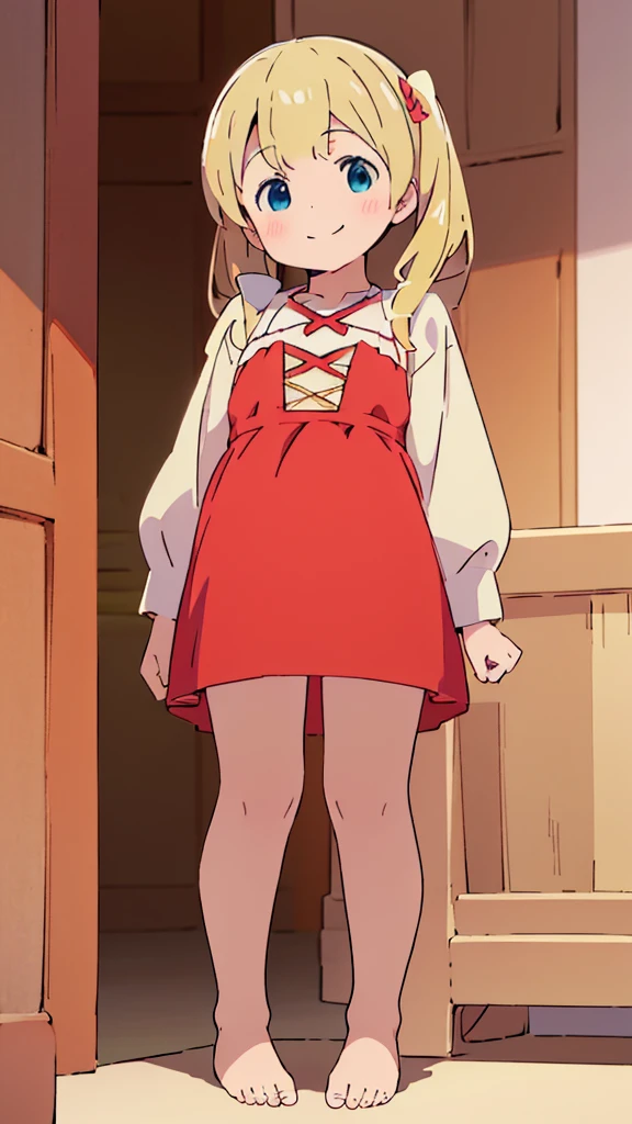((masterpiece))((Highest quality))girl、smile、blush、Flat Chest、Are thin、、low length、Blonde、Long twin tails、Embarrassed、Are standing、Red Dress、Whole body image、Even your toes are visible、Eye level on face、front、No background、mayonnaise、真frontのアングル
