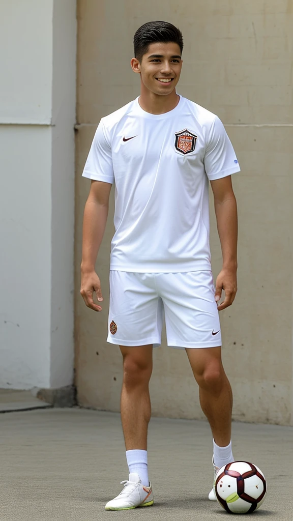 boy, 25 years, Peruvian nationality, with a slight smile on his face, looking away, full length, In move, kicks a soccer ball with one foot, scores a goal, wearing a white T-shirt and white shorts, Great quality, athletic build, high detail, semi profile angle