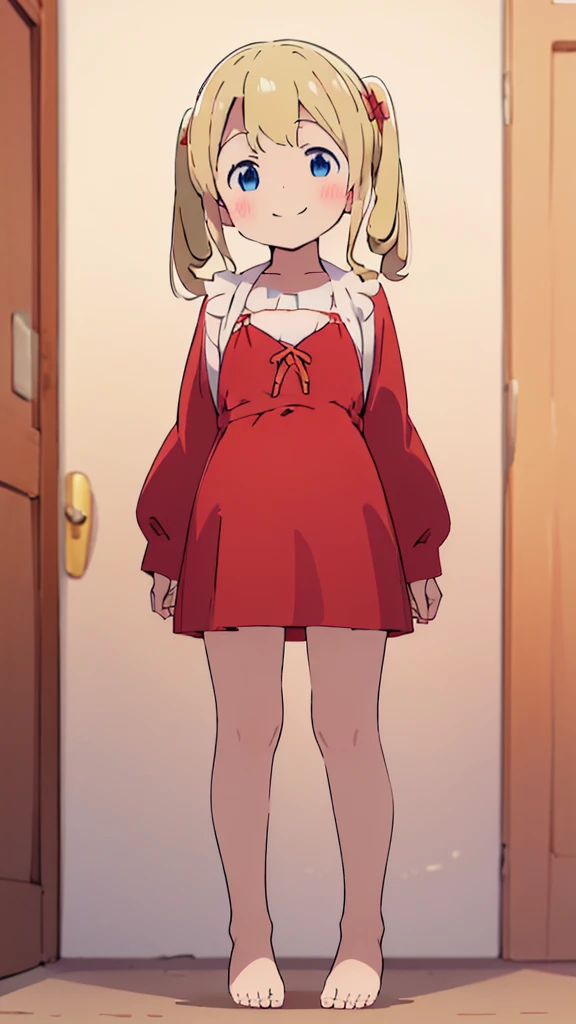 ((masterpiece))((Highest quality))girl、smile、blush、Flat Chest、Are thin、、low length、Blonde、Long twin tails、Embarrassed、Are standing、Red Dress、Whole body image、Even your toes are visible、Eye level on face、front、No background、mayonnaise、真frontのアングル