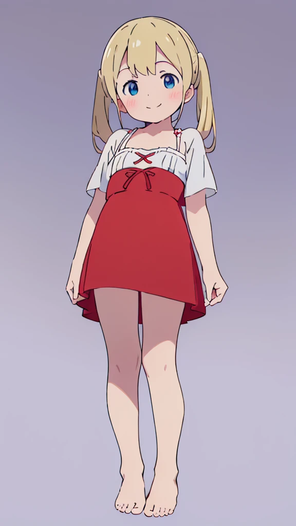 ((masterpiece))((Highest quality))girl、smile、blush、Flat Chest、Are thin、、low length、Blonde、Long twin tails、Embarrassed、Are standing、Red Dress、Whole body image、Even your toes are visible、Eye level on face、front、No background、mayonnaise、真frontのアングル