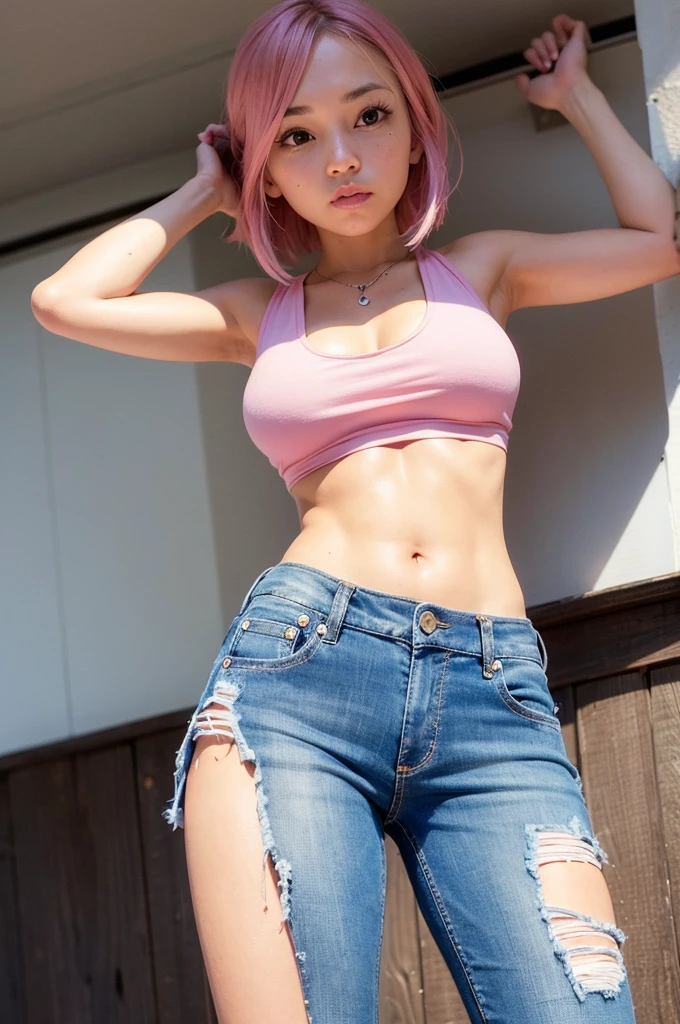 astolfo, big breasts, innocent smile, Girl, fluorescent pink hair, spiky hair, short hair, a long braid, lock of white hair on left side, micro mini denim shorts, off shoulder micro mini top, breasts peeking out, long fishnet stockings, female, jumping with sexy poses