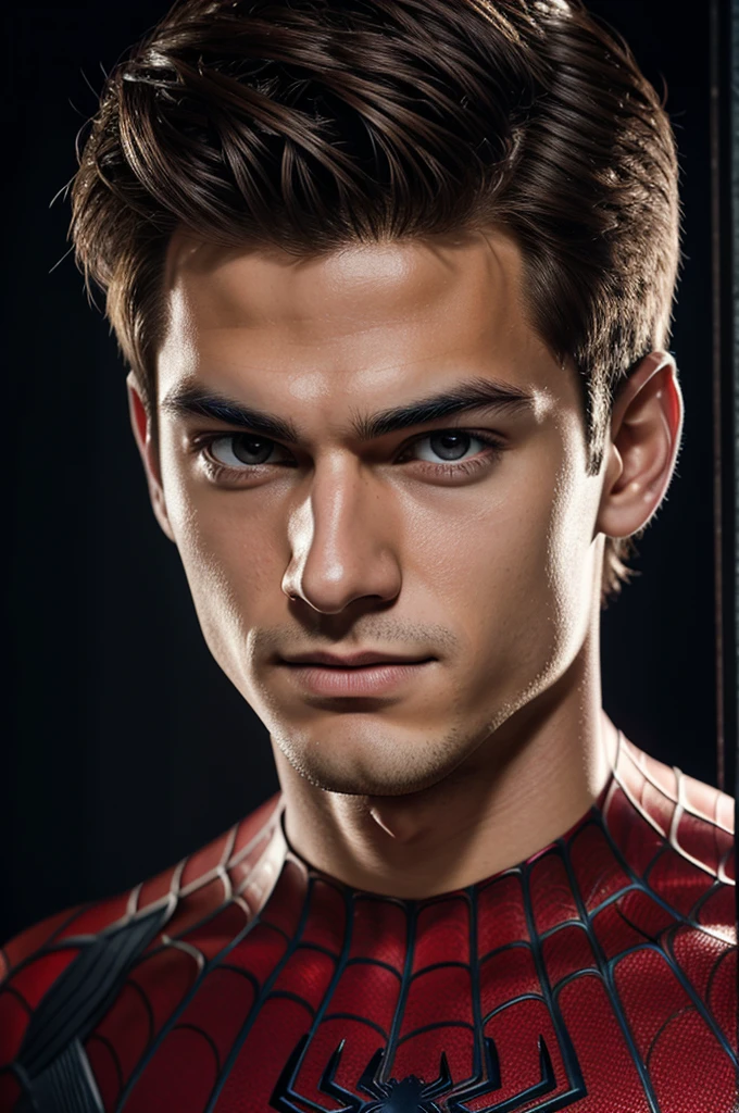 A photograph of spider man, no mask, 20 yo, handsome, detailed face, looking at camera, portrait, 8k uhd, high quality