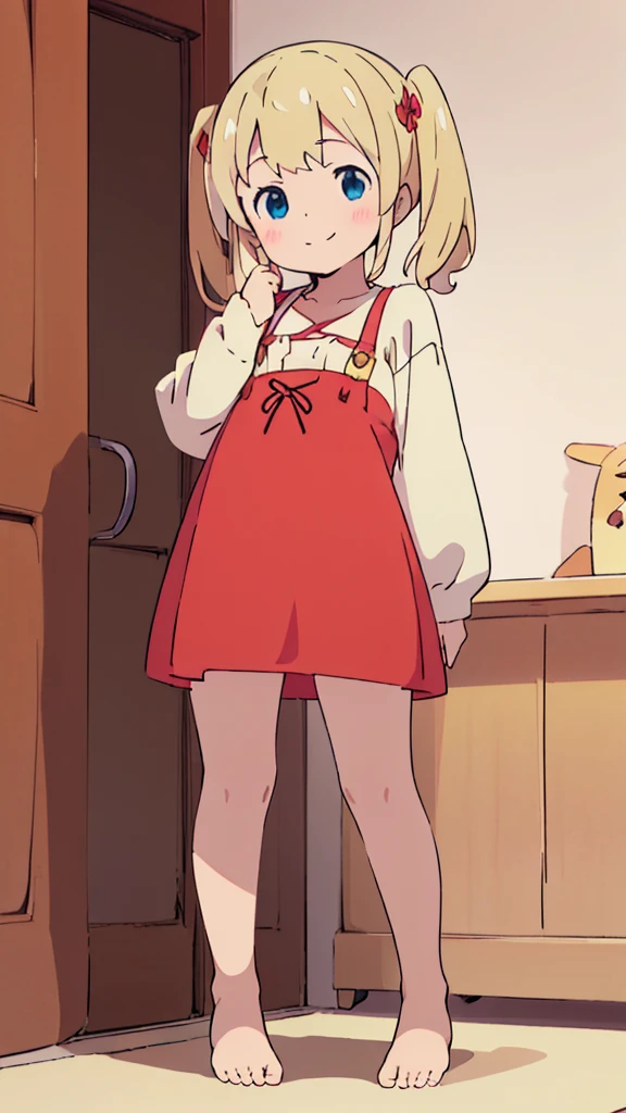 ((masterpiece))((Highest quality))girl、smile、blush、Flat Chest、Are thin、、low length、Blonde、Long twin tails、Embarrassed、Are standing、Red Dress、Whole body image、Even your toes are visible、Eye level on face、front、No background、mayonnaise、真frontのアングル