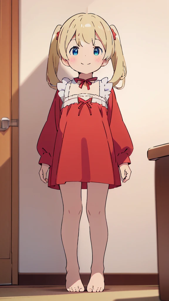 ((masterpiece))((Highest quality))girl、smile、blush、Flat Chest、Are thin、、low length、Blonde、Long twin tails、Embarrassed、Are standing、Red Dress、Whole body image、Even your toes are visible、Eye level on face、front、No background、mayonnaise、真frontのアングル