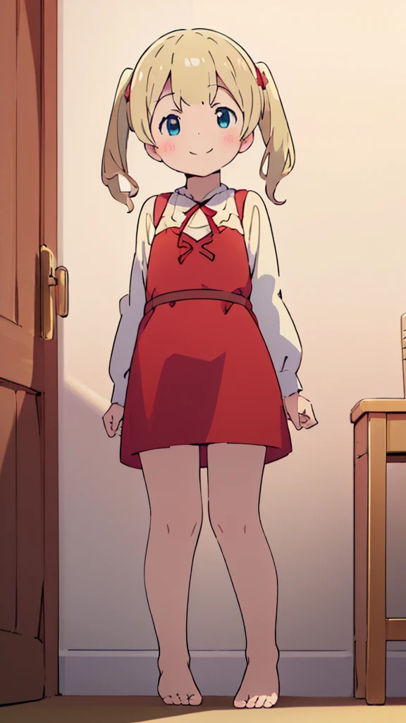 ((masterpiece))((Highest quality))girl、smile、blush、Flat Chest、Are thin、、low length、Blonde、Long twin tails、Embarrassed、Are standing、Red Dress、Whole body image、Even your toes are visible、Eye level on face、front、No background、mayonnaise、真frontのアングル