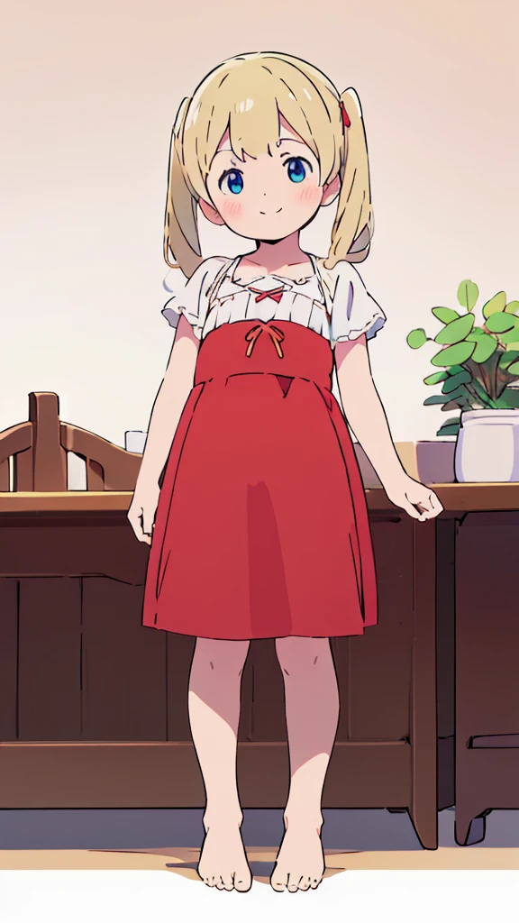 ((masterpiece))((Highest quality))girl、smile、blush、Flat Chest、Are thin、、low length、Blonde、Long twin tails、Embarrassed、Are standing、Red Dress、Whole body image、Even your toes are visible、Eye level on face、front、No background、mayonnaise、真frontのアングル