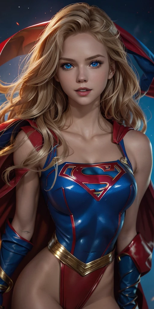 The character Supergirl, perfect blue and red costume with the traditional "S" in the chest, red cape, shiny little blue eyes, extremely beautiful blond hair, beautiful smile , perfect anatomy and extremely beautiful face, hyperrealistic face 