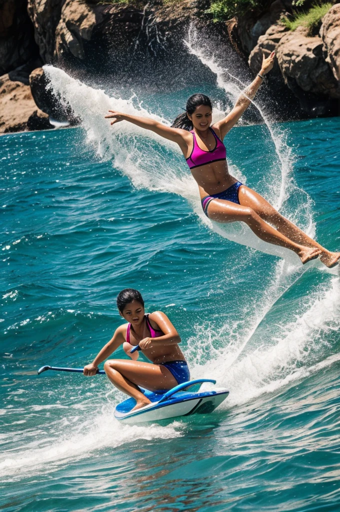 a GROUP OF YoUNG WOMEN (age 20, varied height, varied race, varied weight, busty super models, colorful bikinis, body is wet) playing with squirt guns, back yard, daytime, scene of happiness