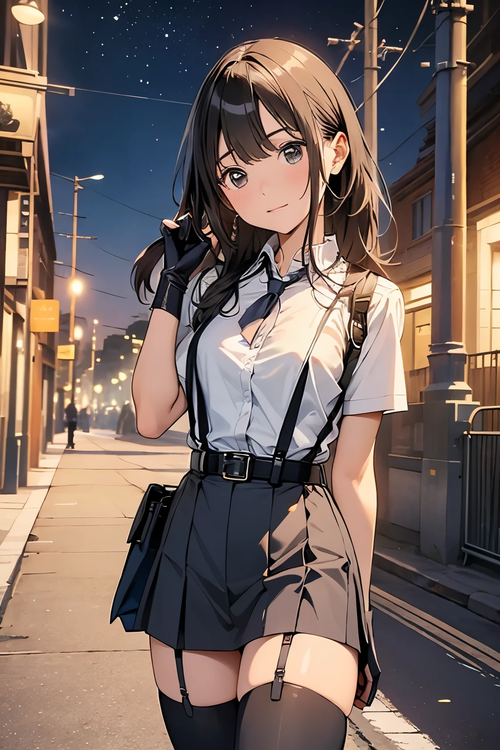 high quality, masterpiece, Ultra-high resolution, (realism: 1.4), Oil painting style, Cinema Lighting, , I stood on the empty asphalt road and looked at it., And the suspenders with the cranes flying　　Large Breasts　 　 　　　　Small face　 　　　holster　　　　　　　 Lying in bed　Looking up　　　　Sweat 　　　belt　summer　脇Sweat 　Black Hole Gloves　suit　　　　 mini skirt　garterbelt　Leg Links　ズボンにbelt　　holster　 　　Hands behind your back　 Anxious expression　Looking up　Anxious face　Knee-high　Knee socks　Knee-highソックス garterbelt　garter　ふとももにgarterbelt