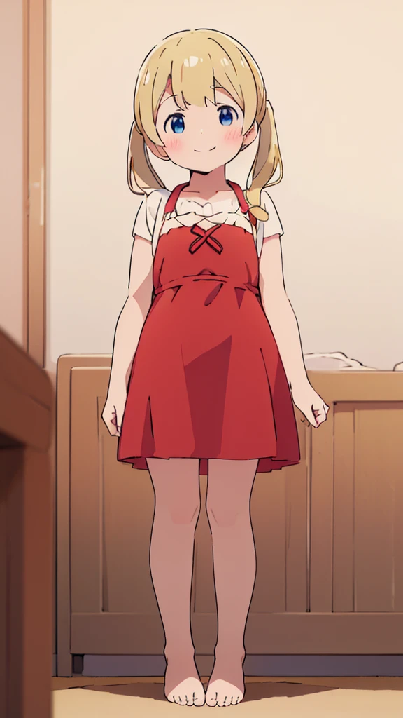 ((masterpiece))((Highest quality))girl、smile、blush、Flat Chest、Are thin、、low length、Blonde、Long twin tails、Embarrassed、Are standing、Red Dress、Whole body image、Even your toes are visible、Eye level on face、front、No background、mayonnaise、真frontのアングル