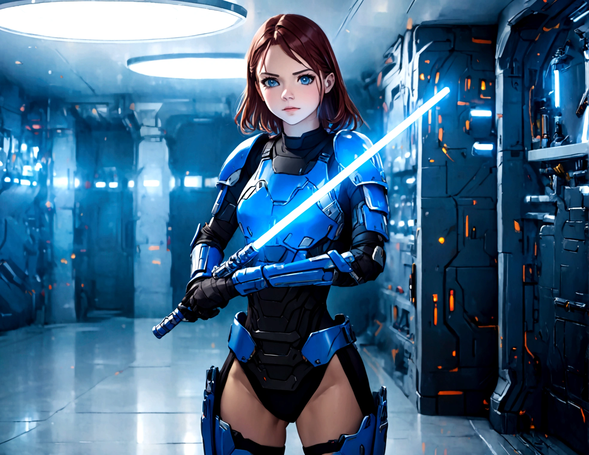 A cute woman (sci fi outfit, tight fitting body armor, wielding a blue light saber) behind her is a rack with various weapons and costume pieces