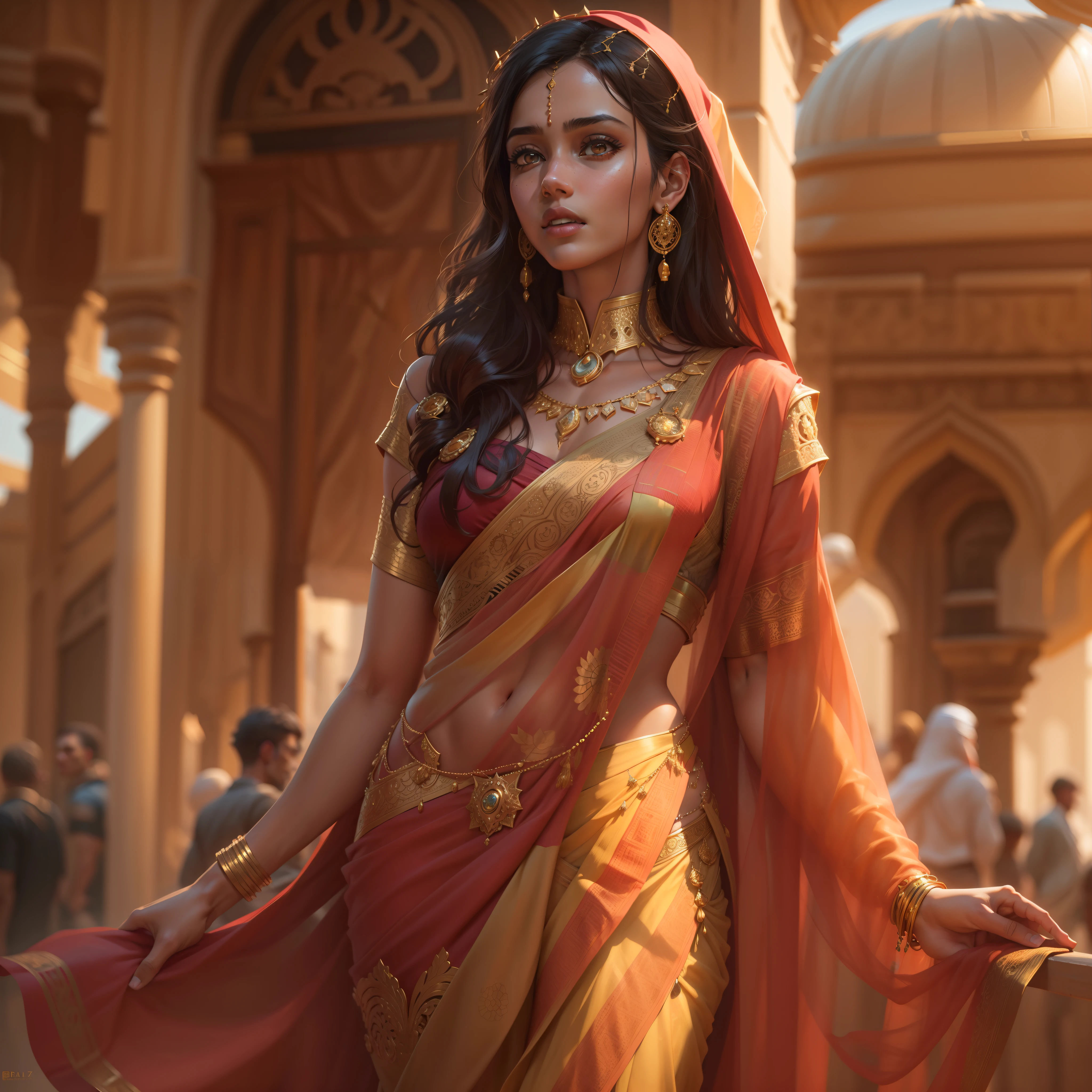 all-body, ultra high resolution, an arab girl solo, doradas, skinny, brown skin, chique saree, por Greg Rutkowski, about artstation trends(ulzzang-6500:1.0), (keta style:0.8), (photorrealistic:1.4), best qualityer