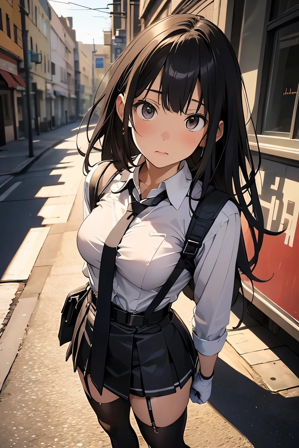 high quality, masterpiece, Ultra-high resolution, (realism: 1.4), Oil painting style, Cinema Lighting, , I stood on the empty asphalt road and looked at it., And the suspenders with the cranes flying　　Large Breasts　 　 　　　　Small face　 　　　holster　　　　　　　 Lying in bed　Looking up　　　　Sweat 　　　belt　summer　脇Sweat 　Black Hole Gloves　suit　　　　 mini skirt　garterbelt　Leg Links　ズボンにbelt　　holster　 　　Hands behind your back　 Anxious expression　Looking up　Anxious face　Knee-high　Knee socks　Knee-highソックス garterbelt　garter　ふとももにgarterbelt