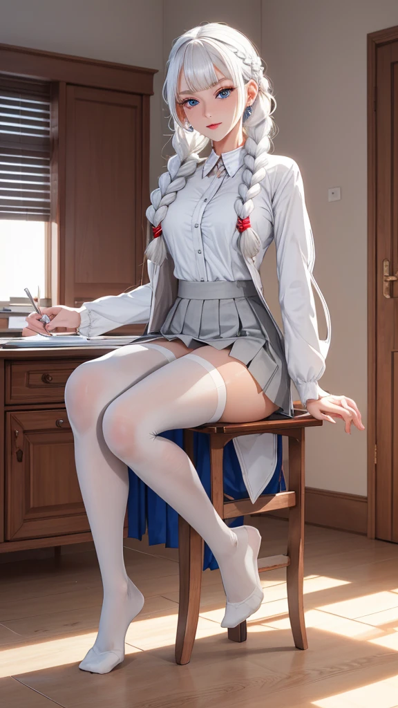 "1girl, incredibly detailed 8k cg, flawless model, mesmerizing idol, stunning face, ethereal beauty, pristine white hair, ring braids, captivating blue eyes,  Kakegurui ,  redblazer, white shirt, pleated grey skirt,  brown pantyhose, sat on desk  , full body, 