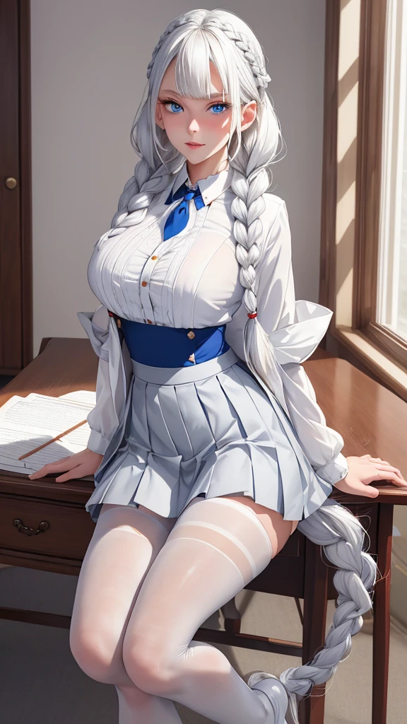 anime, masterpiece, cute girl, no panties, spread legs, squatting, white over kneehighs, blue frill mini skirt, magical girl outfit, large breasts, gray hair, long hair, (hime cut:1.4), pussy juice, detail, 4k, sexy, good pupil, 4k, detailed