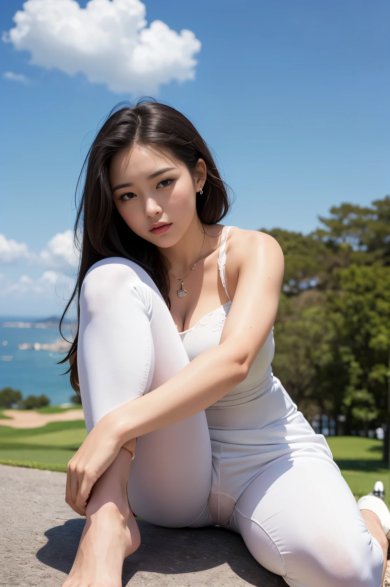 (so beautiful)、(Beautiful Face:2)、(Detailed face:1.1)、(European:1.5)、(Miss Universe)、(She stood up:1.1)、(red dress made of thick fabric:1.1)、(Raise the hem of a dress:1.5)、(Please show me your white pants:1.5)、(dressing:2)、High heels、(wearing heavy makeup)、(Blonde:1.4)、(blue eyes)、(thin:1.1)、Perfect Fingers、necklace、bracelet、Gyuru、on stage、(Shooting from above the knee:1.2)、(At S.F.W.)Highest quality、High resolution、Very detailed、masterpiece、RAW Photos、Realistic、Photorealistic、Very delicate and beautiful、finely、Rough skin、1 girl、(alone)、(alone)、Full Shot、(sky seen from below:1.1)、(Height: 170cm)、(25-year-old model)、Athletic build、Thick thighs、barefoot、(Golf Green:1.1)、(Golf Wear)、(mini skirt)、Golf shoes、(Body facing the camera:1.5)、(Leg-spread squats)、(Spread your legs:1.3)、(Crouching down to check the condition of the green.)、(Place your palms on your knees,,,,:1.5)、(Beautiful Face:1.7)、Brown Short Cut、(Showing panties:1.3)、(White panties)、Black pubic hair、(Golf Wearを脱がないでください)、(At S.F.W.:1.2)