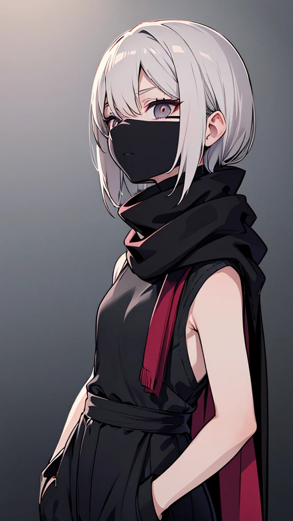 Japanese adult woman, 40-year-old adult, medium-length brown hair, grunge, aesthetic, inumaki, white shaggy hair, no bangs, pure white hair, plain black turtleneck, lazy, eyebags, ominous, eerie, mysterious, night time, dark, eyebags, bags under eyes, adult woman, dark gray pants, dress pants, black turtleneck tucked into dark gray pants, black sleeveless turtleneck halter, eerie moorlands background, turtleneck sweater covering mouth, open coat, black scarf, stern expression, arrogant