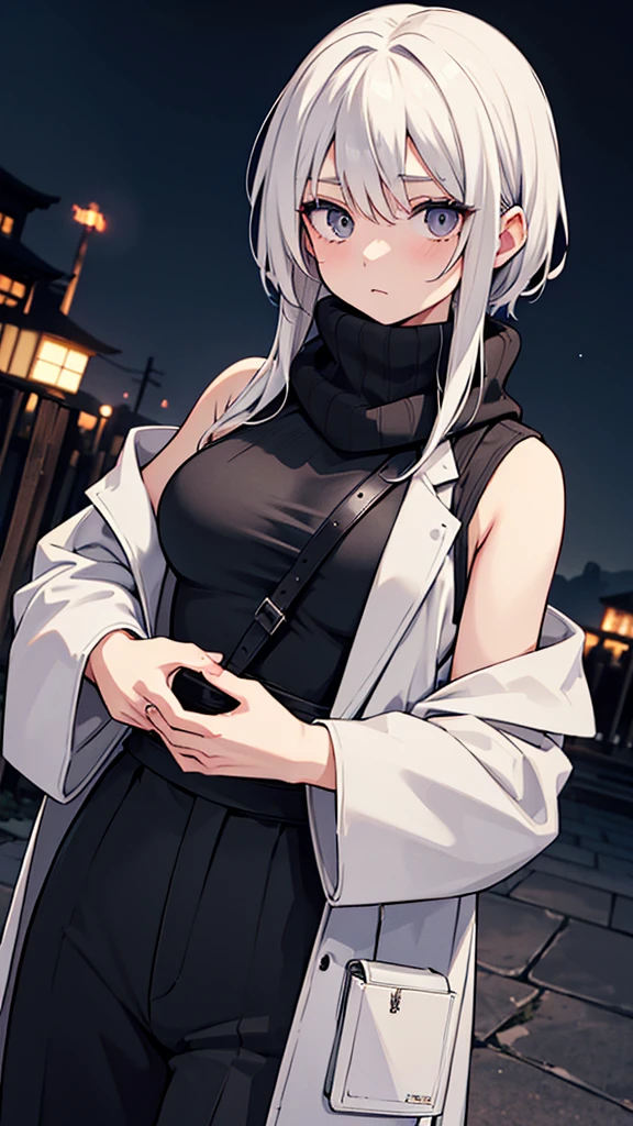 Japanese adult woman, 40-year-old adult, medium-length brown hair, grunge, aesthetic, inumaki, white shaggy hair, no bangs, pure white hair, plain black turtleneck, lazy, eyebags, ominous, eerie, mysterious, night time, dark, eyebags, bags under eyes, adult woman, dark gray pants, dress pants, black turtleneck tucked into dark gray pants, black sleeveless turtleneck halter, eerie moorlands background, turtleneck sweater covering mouth, open coat, black scarf, stern expression, arrogant