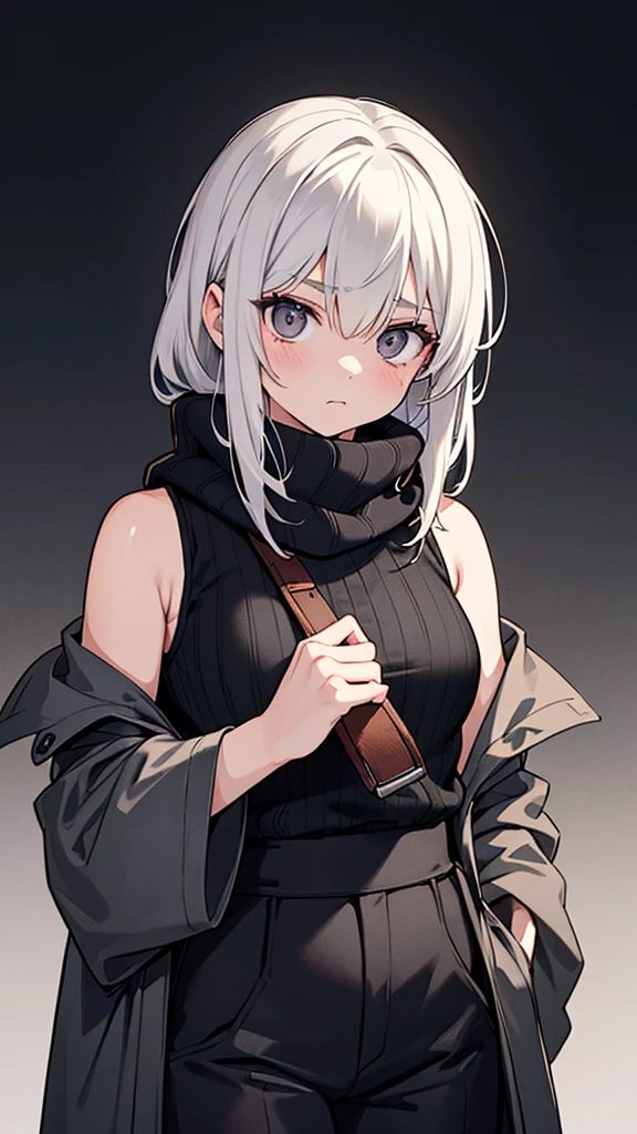 Japanese adult woman, 40-year-old adult, medium-length brown hair, grunge, aesthetic, inumaki, white shaggy hair, no bangs, pure white hair, plain black turtleneck, lazy, eyebags, ominous, eerie, mysterious, night time, dark, eyebags, bags under eyes, adult woman, dark gray pants, dress pants, black turtleneck tucked into dark gray pants, black sleeveless turtleneck halter, eerie moorlands background, turtleneck sweater covering mouth, open coat, black scarf, stern expression, arrogant