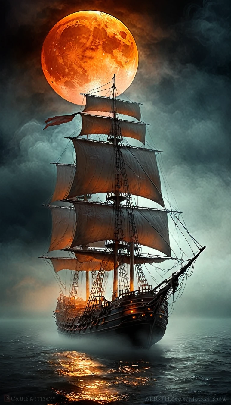 Dark Fantasy Background.Big ghost ship.A hazy orange moon.A lamp on a ghost ship.Overall fog.