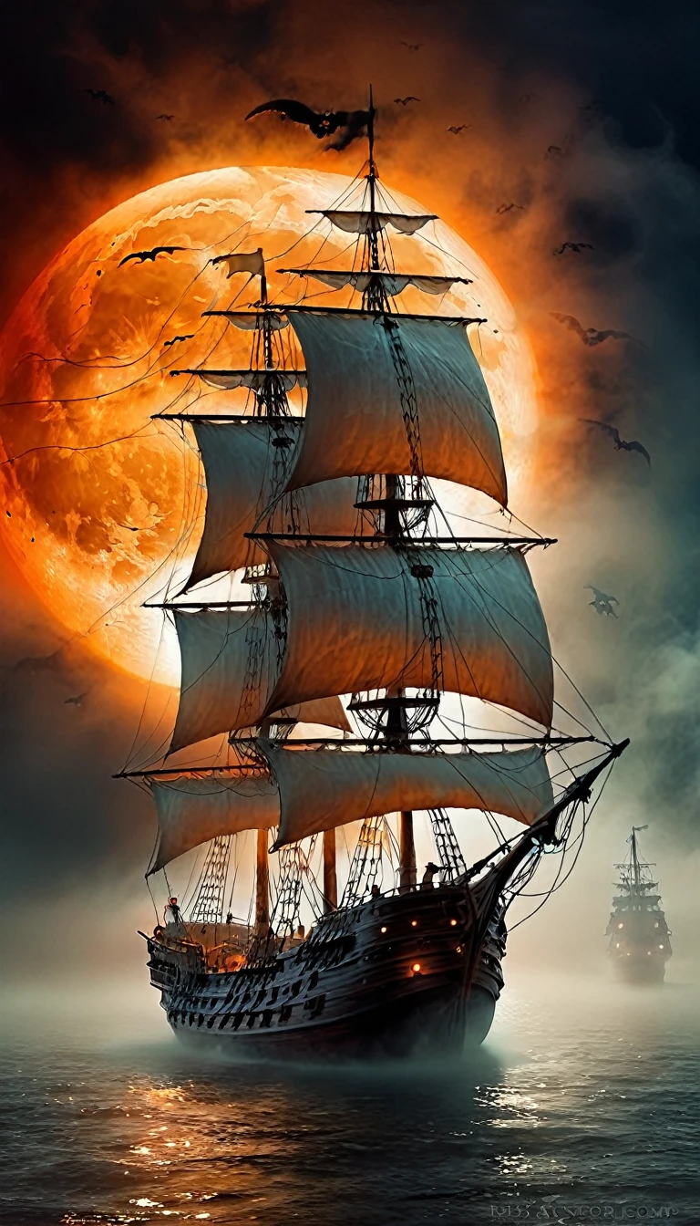 Dark Fantasy Background.Big ghost ship.A hazy orange moon.A lamp on a ghost ship.Overall fog.