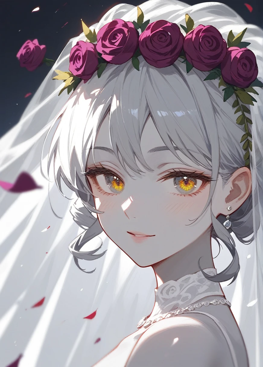 (Fraction_9,Fraction_8_Direction_7_up),1 Woman,bust,Black Wedding Dress Bride,Zombie Bride,curls,Gray skin,Off-white hair,Close your eyes,Black wreath on head,Black wedding dress with golden edges,Black skirt,beautiful_Face,There are weapons in hand,Purple roses,Pattern,