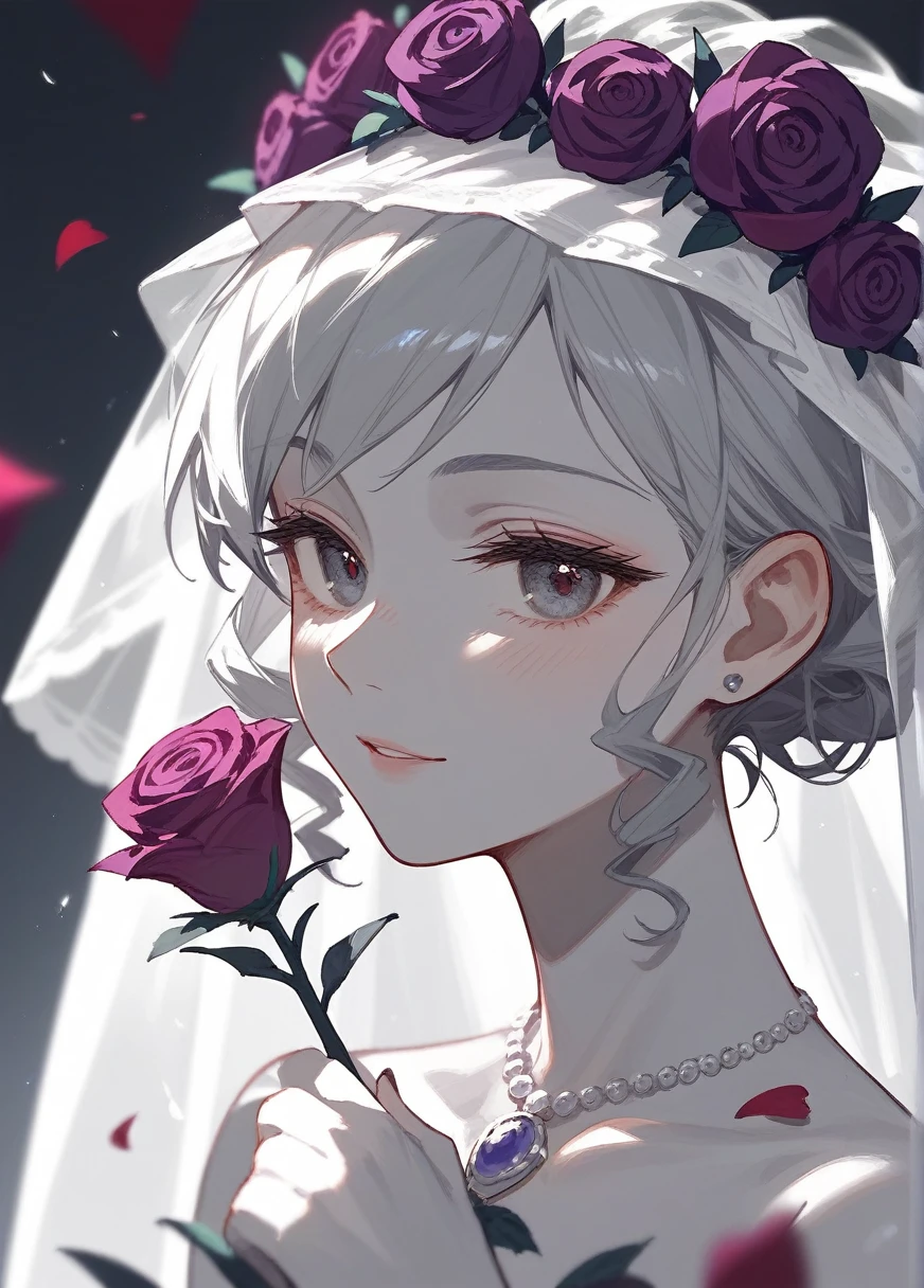 (Fraction_9,Fraction_8_Direction_7_up),1 Woman,bust，Black Wedding Dress Bride，Zombie Bride，curls，Gray skin,Off-white hair,Close your eyes,Black wreath on head,Black wedding dress with golden edges,Black skirt,beautiful_Face,There are weapons in hand，Purple roses，Pattern，