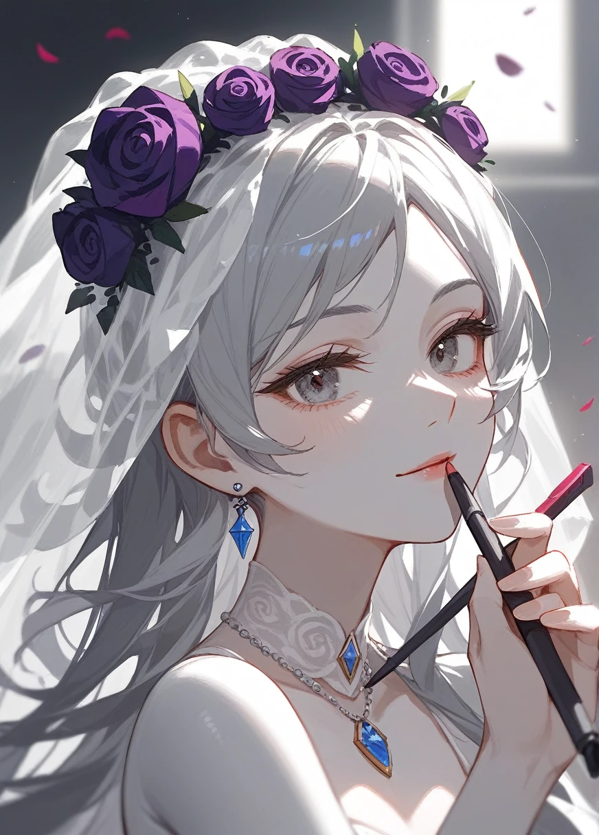 (Fraction_9,Fraction_8_Direction_7_up),1 Woman,bust,Black Wedding Dress Bride,Zombie Bride,curls,Gray skin,Off-white hair,Close your eyes,Black wreath on head,Black wedding dress with golden edges,Black skirt,beautiful_Face,There are weapons in hand,Purple roses,Pattern,