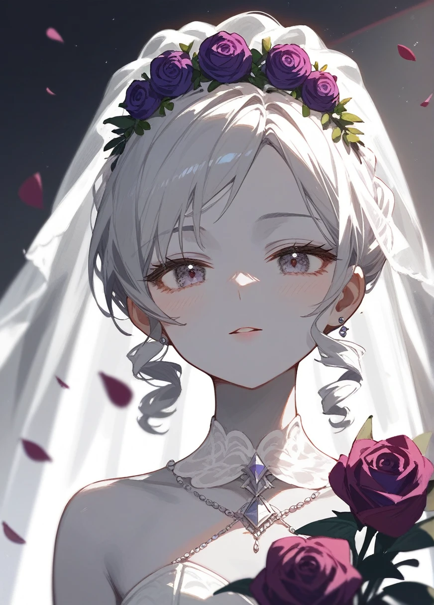 (Fraction_9,Fraction_8_Direction_7_up),1 Woman,bust，Black Wedding Dress Bride，Zombie Bride，curls，Gray skin,Off-white hair,Close your eyes,Black wreath on head,Black wedding dress with golden edges,Black skirt,beautiful_Face,There are weapons in hand，Purple roses，Pattern，