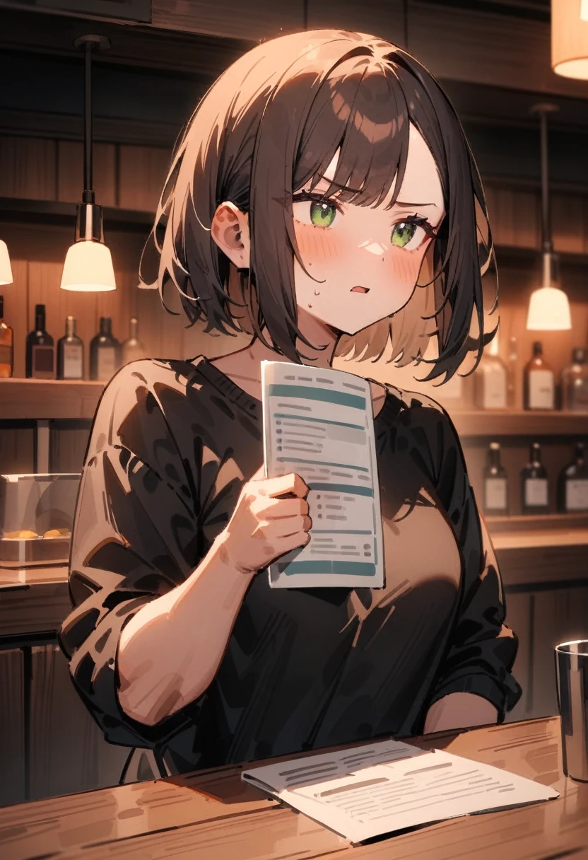 masterpiece, best quality, very aesthetic, absurdres, newest, 1girl, solo, asymmetrical bangs, tareme, late twenties, long brown hair, green eyes, serious expression, casual clothes, standing, parted lips, talking, making a speech, (holding medical report), dimly lit bar, wooden furniture, cozy bar interior, other patrons listening, intense mood, upper body, bar counter