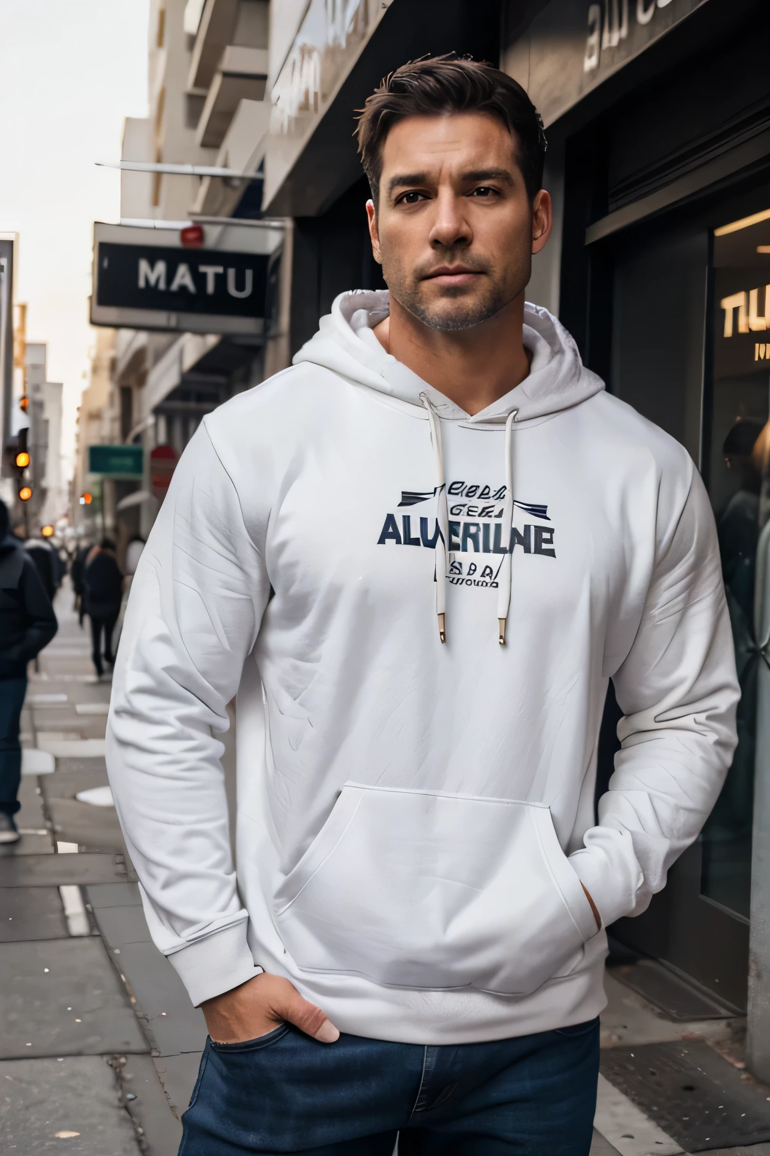 Help me create some white men's hoodies featuring muscular men over 35 years old on the streets