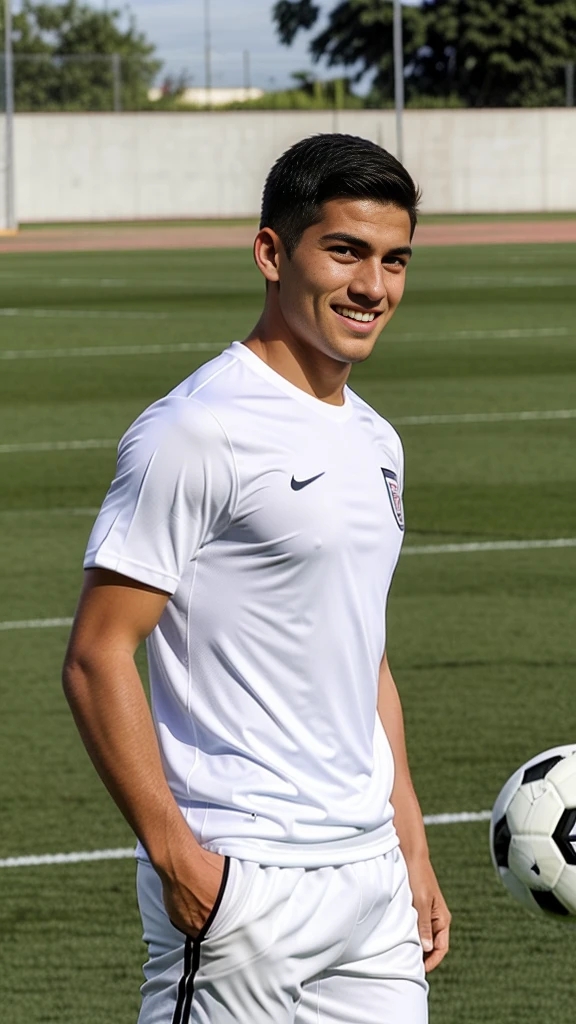 The guy is playing football, 25 years, Peruvian nationality, with a slight smile on his face, face turned to the side, full length, In move, kicks a soccer ball with one foot, scores a goal, wearing a white T-shirt and white shorts, Great quality, athletic build, high detail, semi profile angle