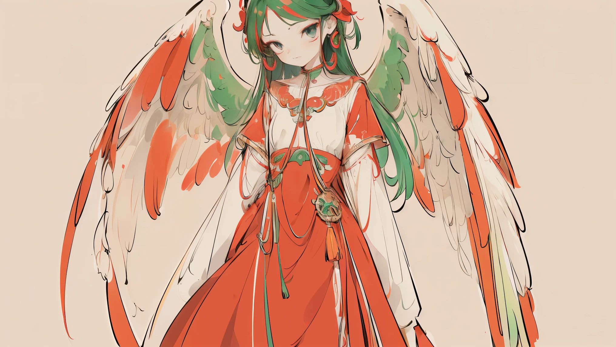 (Designed by nty:1.4),Upper body portrait of a girl, Red and green colorful, rich and colorful, Yoshitaka Amano character design,Solitary,Angelic, symmetrical beautiful, Angel Wings, Gorgeous long dress, stand up, (((Solitary))), Color Matching,Clear facial features, Clean lines design, Magic Elements, Future Technology, ((tarot card background)), Standing figure, ((Flat Color)), (masterpiece,Top quality,best quality,Ultra-high resolution), ((Exquisite facial features,Clear facial features,beautiful eyes,Pretty Face)) ,(32K Wallpaper),