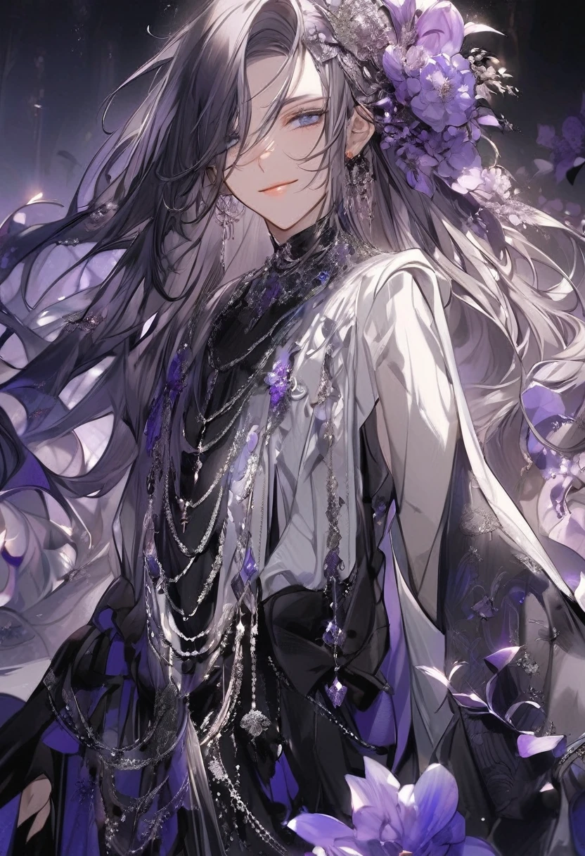 Young feminine boy, soft facial features, smile, squinted siren dark blue eyes without glare, silver and dark purple long loose hair with straight bang, fantasy black clothes with blue and purple elements, long black gloves, model, gorgeous, elegant, lots of silver jewelry, flowers in his hair